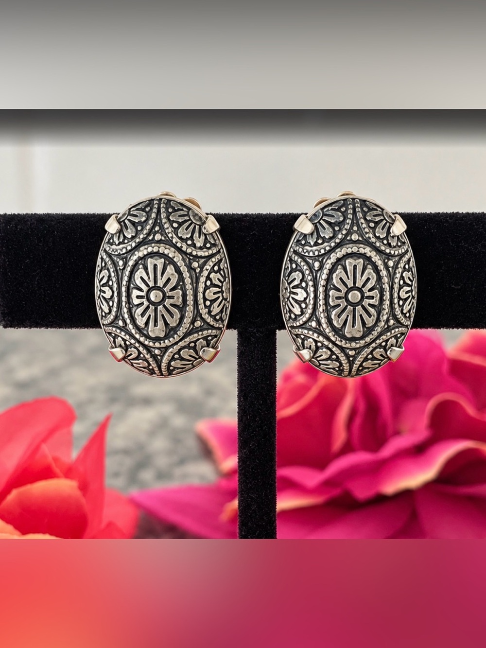 Juliana clip back earrings in gray scarab design